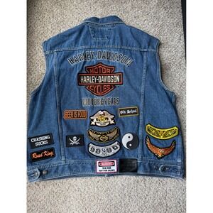 Harley Davidson Denim Vest HOG pins  Patches Maryland Road king men 3XL rare‎